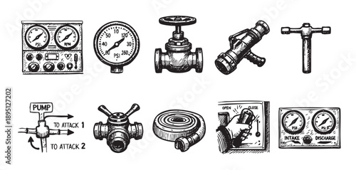 A monochrome, hand-drawn sketch shows various firefighting equipment, including gauges, valves, hoses and switches on a clean white backdrop, suitable for educational and technical illustration.