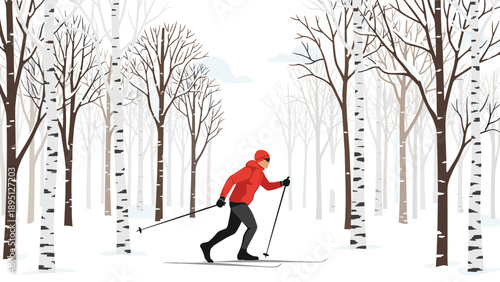 Cross-country skiing through winter birch forest in minimal flat design