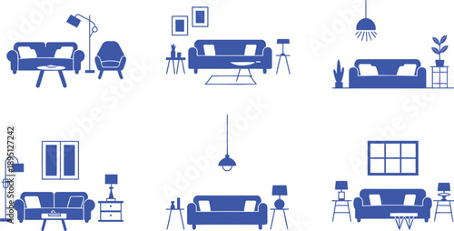 Blue sofa and furniture in a collage couch chair