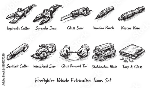 A set of hand-drawn icons depicting various firefighter vehicle extrication tools, including cutters, saws, rams, and stabilization blocks, on a white background.
