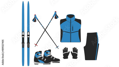 Nordic ski gear set with blue and black equipment for winter sports enthusiasts