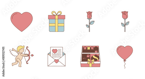 Valentine's Day Icons: Heart, Cupid, Roses, Gift Box, Chocolates, Love Letter