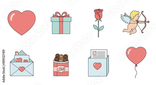 Fotografie Valentine's Day Icons: Heart, Gift Box, Rose, Cupid, Envelope, Chocolates, Love