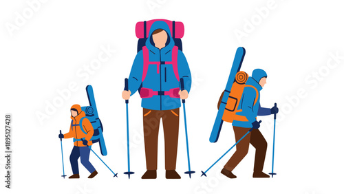 Dynamic flat illustration of diverse hikers trekking with poles and backpacks