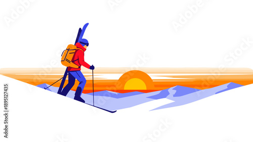 Winter adventure: sunrise skiing journey in vibrant minimalist style