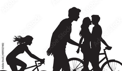 Black silhouette of woman cycling with couple on bicycle sharing a kiss, romantic outdoor scene