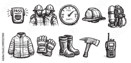 Hand-drawn style icons representing firefighter gear, including uniforms, tools, and equipment, suitable for safety and emergency service designs.