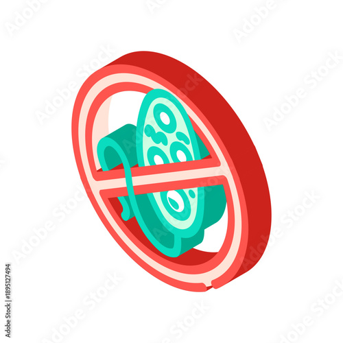 Isometric illustration showing a red prohibition sign over a microorganism, symbolizing antibacterial protection, antivirus measures, and sterilization to prevent disease spread
