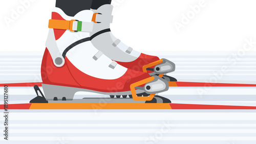 Cross country ski equipment: close-up of ski boots and bindings in a minimalist style