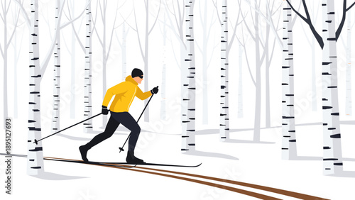 Cross-country skiing through winter birch forest in minimalist design