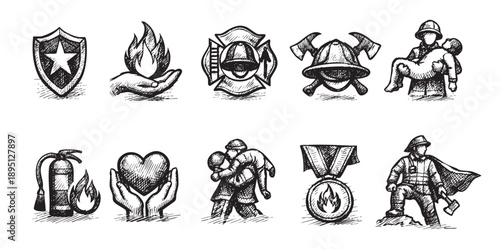 Hand-drawn firefighter icons featuring a fireman carrying a victim, fire badge, axe, medal, and equipment, perfect for illustrating heroism.