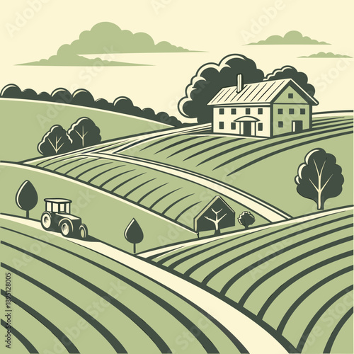 Rural farm landscape with tractor