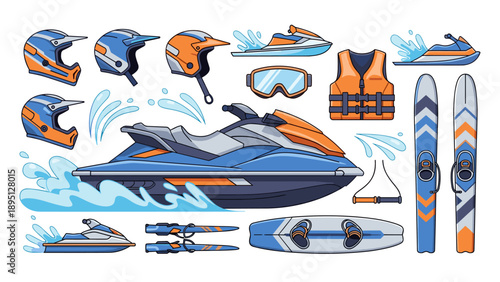 Colorful jet ski and gear set featuring helmets, life jacket, and water skis