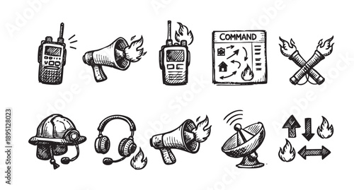 An isolated icon set sketch of firefighting equipment including radios, command board, megaphone, and helmet against a white background. Useful for fire safety and prevention concepts.