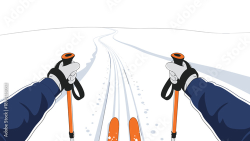 Point of view skiing adventure: hands holding poles on a snowy mountain trail