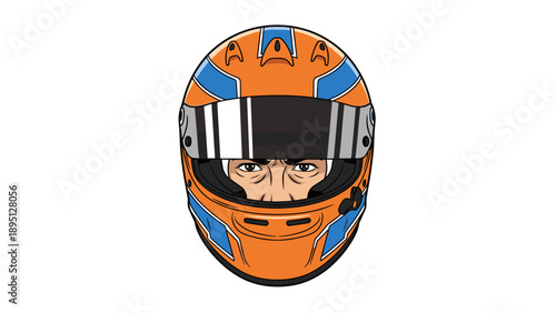 Racing helmet close-up with intense gaze and bold colors