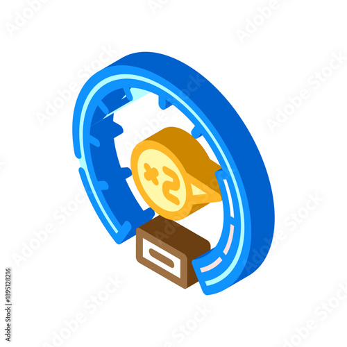 Isometric icon depicting a speed booster power up, featuring an accelerating arrow and a multiplier inside a circular track, symbolizing rapid advancement and increased velocity in gaming contexts