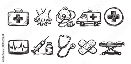 Black and white doodles illustrate medical equipment and first aid supplies, providing a creative and versatile graphic for healthcare related projects.