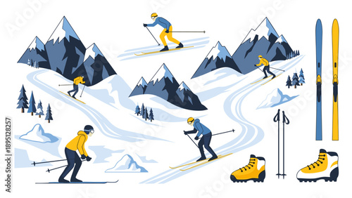 Adventure skiing in snowy mountains with skiers and equipment in flat design
