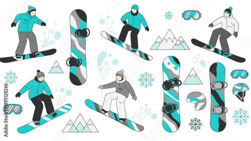 Snowboarding elements with winter sports gear and snowflakes in modern flat style