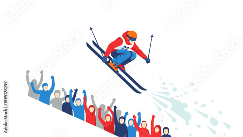 Dynamic skier in mid-air action with excited crowd in flat style