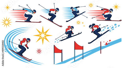 Dynamic winter sports: skiers racing and performing stunts with flags and speed lines