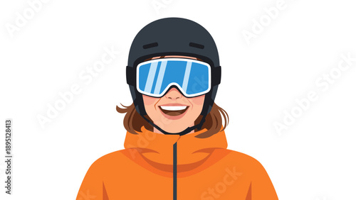 Smiling woman in ski gear with goggles and helmet on white background