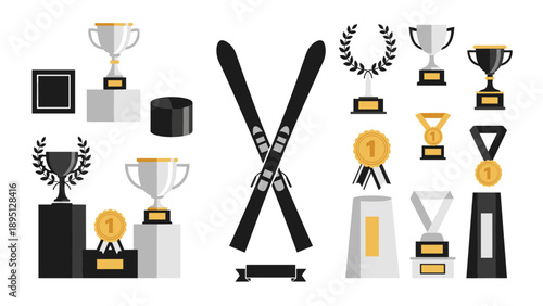 Winter sports awards: trophies and ski equipment collection