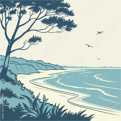 Serene coastal landscape with lone tree