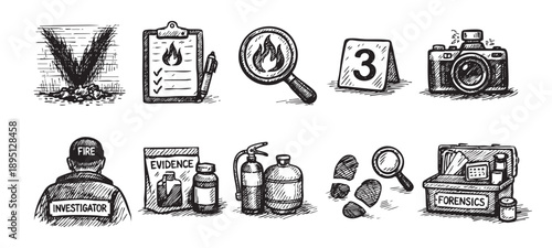 Hand drawn icons depicting fire investigation evidence, showing arson scene, fire extinguisher, footprints, forensics toolbox and camera in black and white.