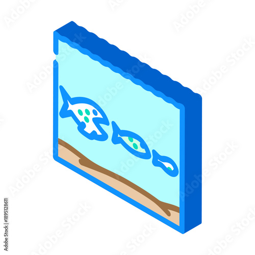 Isometric icon of colorful aquarium fish swimming in a vibrant indoor tank, showcasing a clean, stylized aquatic habitat for pet care, hobby, and freshwater life illustration