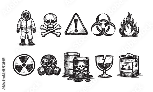 Hand-drawn illustration featuring various hazard symbols like radiation, fire, and biohazard signs on a white background, ideal for designs about safety and warnings.