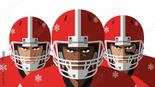 American football team in red helmets and winter jerseys with snowflakes