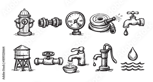Collection of hand-drawn water system elements like fire hydrant and pipes sketched in black and white with a doodle style, isolated on a white background.