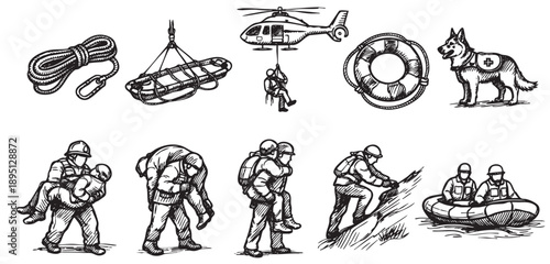 A hand-drawn illustration in black and white depicts various rescue scenarios and equipment, including a helicopter, rescue dog, and personnel carrying individuals.