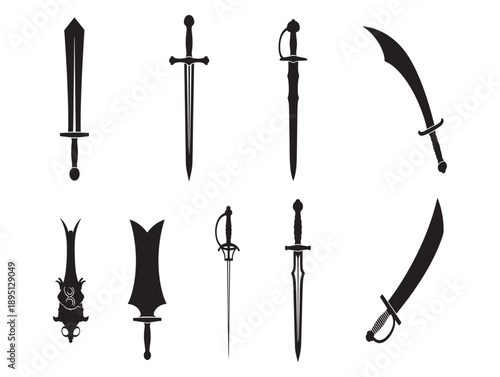 Collection of antique swords and blades in black silhouette against a white background showcasing historical weaponry