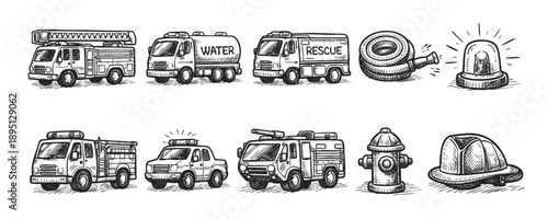 A set of nine hand-drawn emergency service vehicles and equipment, including fire trucks, police car, water truck, fire hose, and firefighter hat on white background.