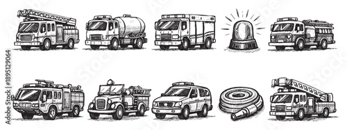 Hand-drawn black and white sketch illustration featuring various fire trucks, a fire hose, and an emergency light, ideal for designs related to firefighting.