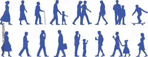 Blue silhouettes of people walking and engaged in activities