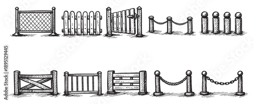 A collection of hand-drawn illustrations of various fences, gates, and stanchions with ropes and chains, rendered in a sketchy, black and white style.