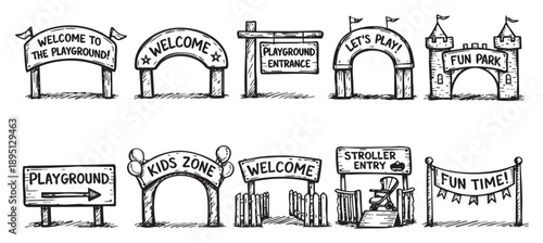 Hand-drawn black and white vector illustrations of playground signage, including welcome signs, stroller entries, fun park entrances for playgrounds, kids zone, perfect for brochures or web.