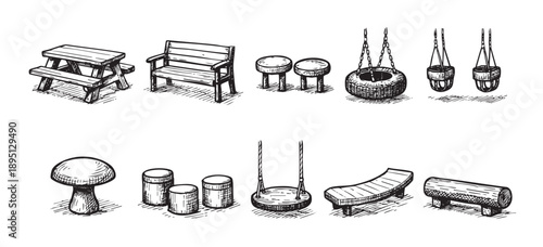 Line art sketch illustration featuring various playground equipment, like a picnic table, swing and benches, in a monochrome vintage style.