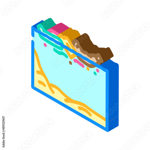 Isometric illustration showing a glass aquarium teeming with vibrant fish and diverse aquatic elements, creating a lively pet care ecosystem within a water environment