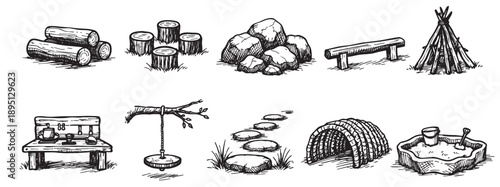 A hand-drawn illustration set featuring various natural playground elements like logs, rocks, a teepee, stepping stones, and a sandbox, perfect for design projects.