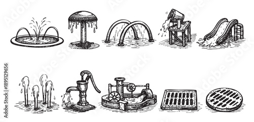 This black and white sketch collection depicts various water play features and infrastructure, including fountains, pumps, slides, and grates, evoking a vintage or hand-drawn aesthetic.