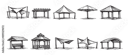 Illustration with various sketched gazebo and pergola structures on a white background for architectural plans or landscape design purposes.