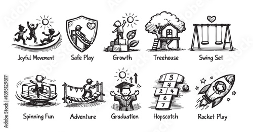 A whimsical black and white illustration depicts various childhood activities like playing on a swing, treehouse, and rocket ship, symbolizing joy and imagination.