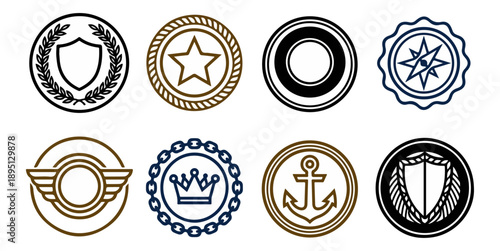 Collection of decorative circular badges and emblems for design elements