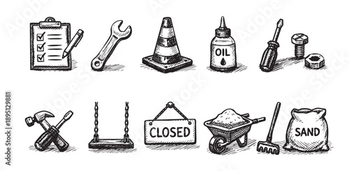 A black and white hand-drawn style illustration featuring construction, building, and repair tools and signage, ideal for DIY or service-related content.