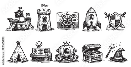 A collection of hand drawn icons of fantasy items, like a pirate ship, castle, and treasure chest, on a white background with sketch style.